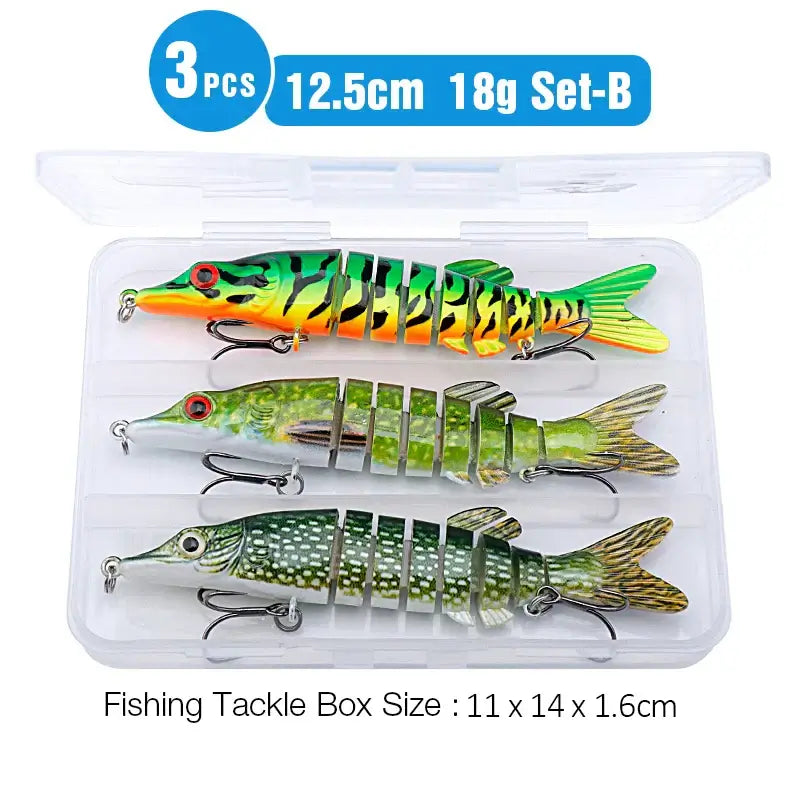 TREHOOK 3-piece pike wobblers set in tackle box, 12.5cm 18g jointed artificial bait for fishing.