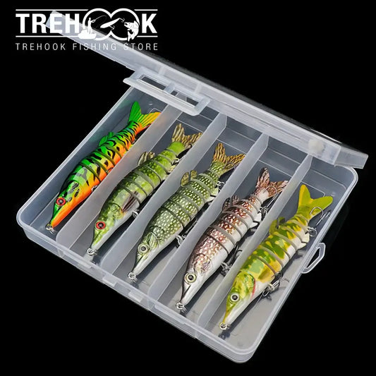 TREHOOK 3/5pcs lifelike pike wobblers in clear tackle box, ideal for pike fishing with realistic designs.