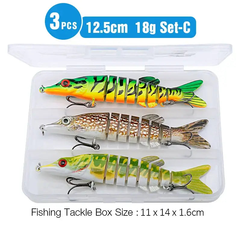 TREHOOK 3pcs set of 12.5cm jointed pike lures in tackle box, ideal for pike fishing.