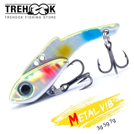 TREHOOK VIB Wobbler Fishing Lure in metallic finish, available in 3.5g, 5g, 7g, designed for optimal vibration and swimming action.