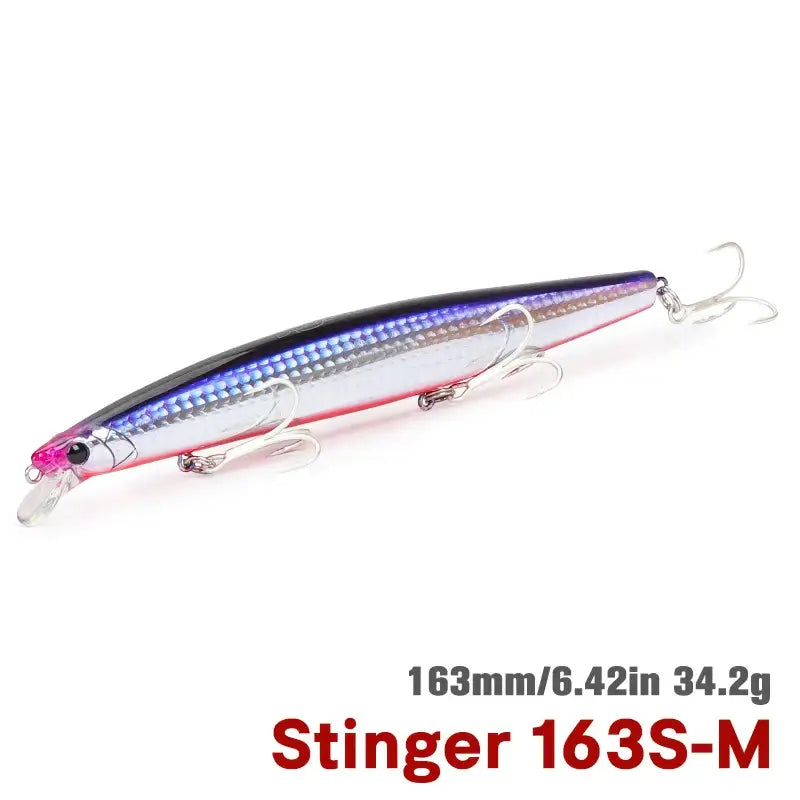 TSURINOYA Stinger 163S minnow lure, 163mm 34.2g, designed for long-distance saltwater casting and mimicking injured baitfish.