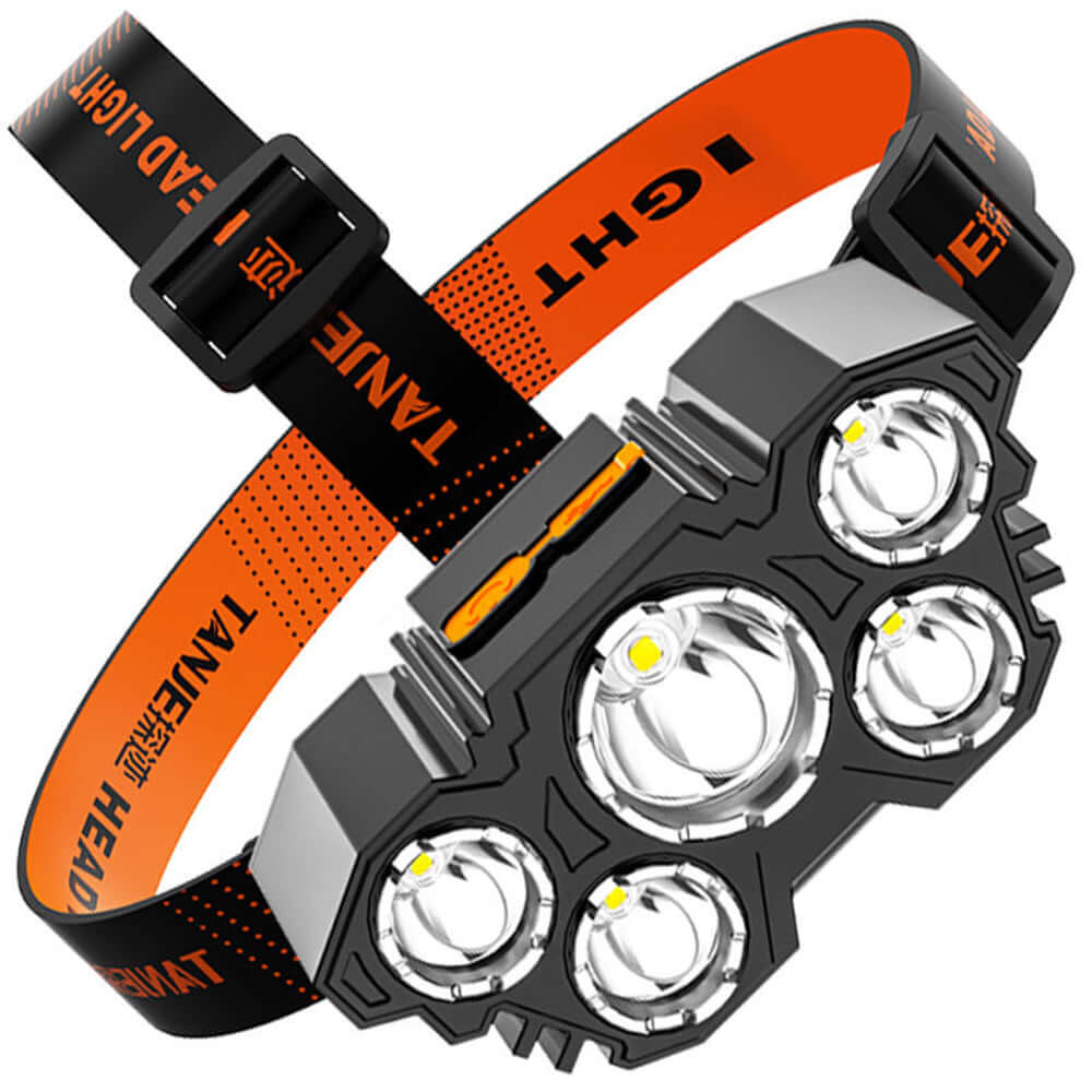 Rechargeable USB five-head lamp with strong light, ideal for fishing and outdoor activities.