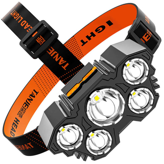 Rechargeable USB five-head lamp with strong light, ideal for fishing and outdoor activities.