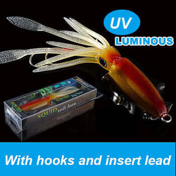 UVluminous Bionic Squid Fishing Lure with hooks, designed for deep-sea fishing to attract predatory fish.