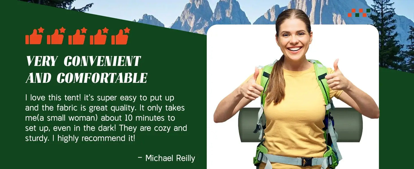 Happy camper with hiking gear beside a mountain, sharing a positive review of a convenient and comfortable camping tent.