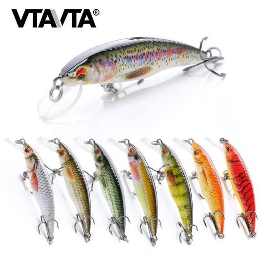 VTAVTA floating fishing lures in various colors, ideal for freshwater and saltwater fishing. Includes mini crankbait designs.