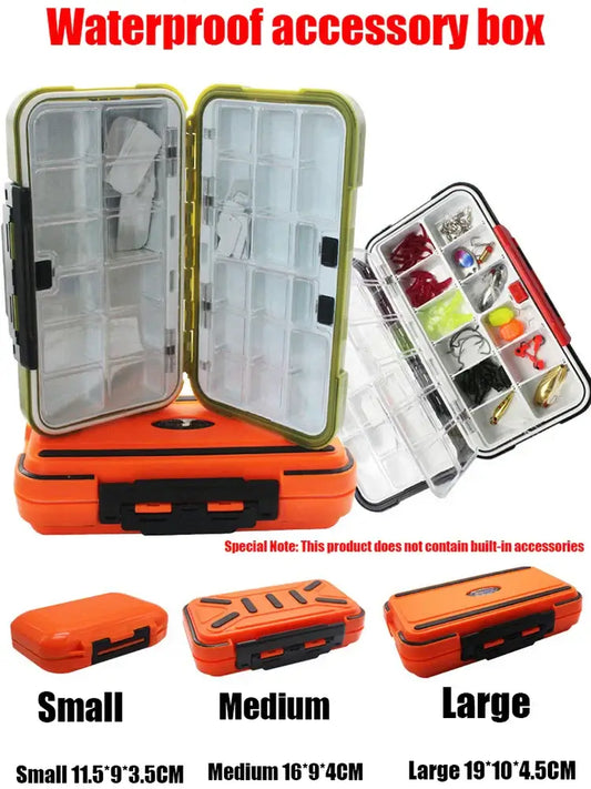 Waterproof fishing tackle box with double-sided compartments for organized bait and accessories, available in three sizes.