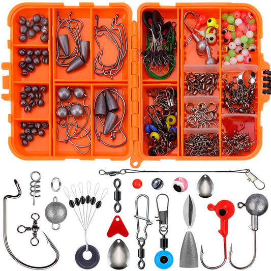 Weihe 257 pieces lure fishhook accessories set in orange box for fishing including weights, hooks, and connectors.