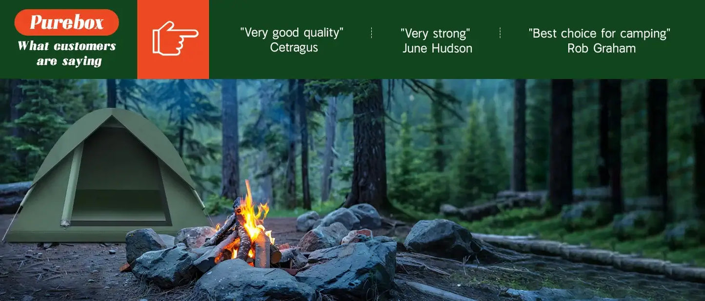 Camping tent in forest with campfire and customer reviews about quality and strength.