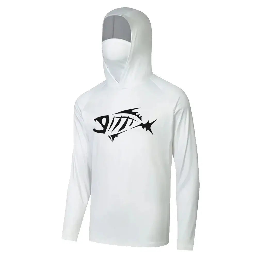 Men's long sleeve fishing hoodie with mask and fish graphic, offering UV protection and moisture-wicking features.