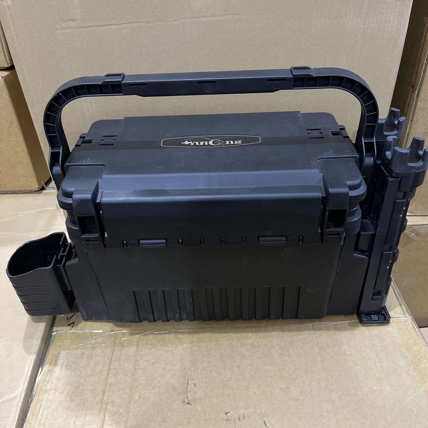 YUNCONG double-layer fishing tackle box set in black, made of durable waterproof ABS material, shown with handle.