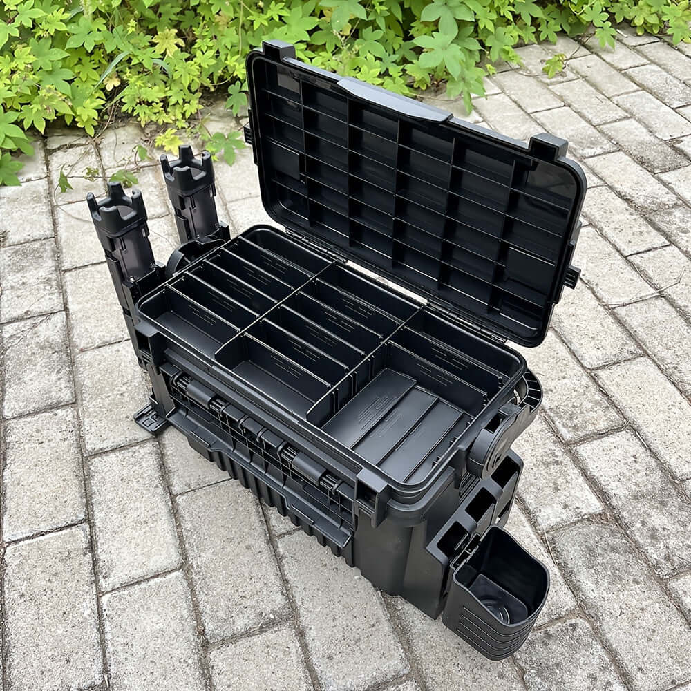 YUNCONG double-layer waterproof fishing tackle box set, black, featuring multiple compartments for organized storage.