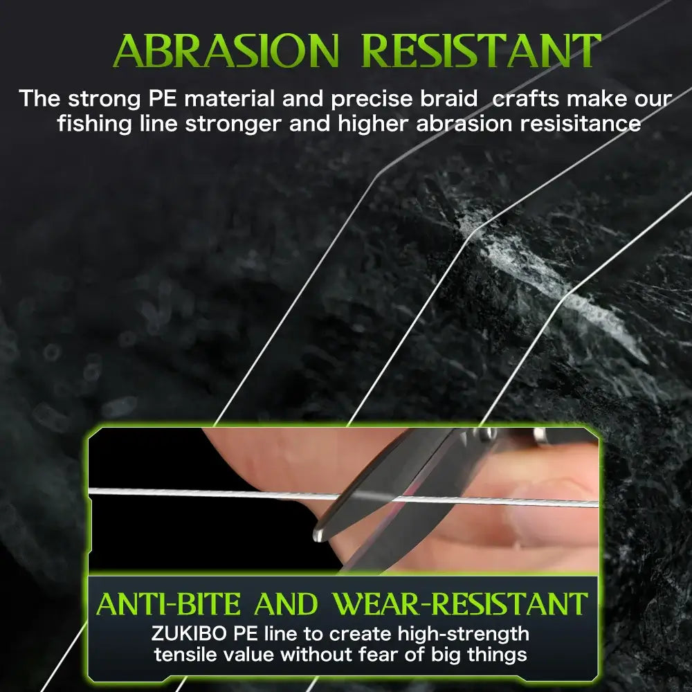 ZUKIBO Super Soft Laser Nano Braid Fishing Line showcasing its abrasion resistance and anti-bite properties for durability.